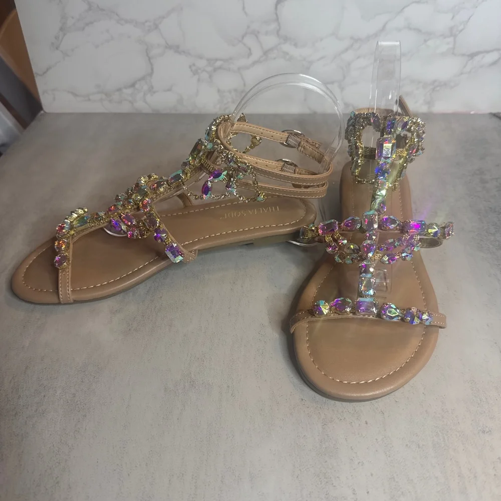 Women's Thalia Sodi Beige Iridescent Embellished Flat Sandals Size 6